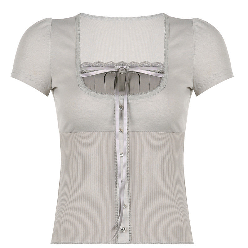 Lace Stitching Bow Square Collar High Waist Short Sleeve T-shirt Top free delivery