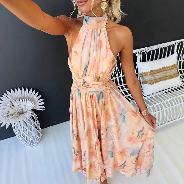 A Women's Clothing Vacation Style Sleeveless Printed Backless Dress free delivery