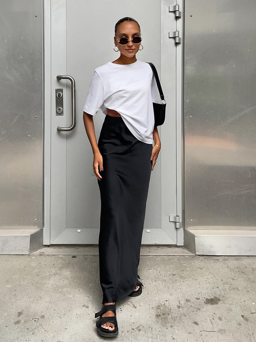 A Women's Faux Acetate Satin Black Half Skirt Women's French Commuter Satin Draped Fishtail Dress Long Skirt free delivery