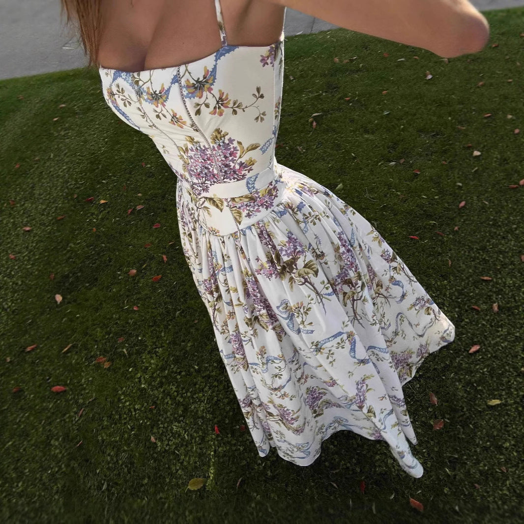 A Women's Sling Floral Tight Waist Dress free delivery
