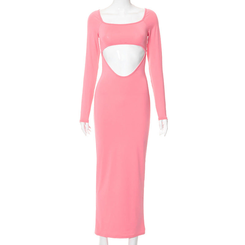 A Solid Color Casual Cutout Long Sleeve Slim Fit Long Dress free delivery