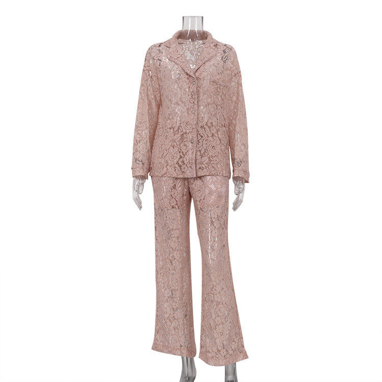 A Lace See-through Sexy Fashion Lapel Shirt Pants Suit free delivery