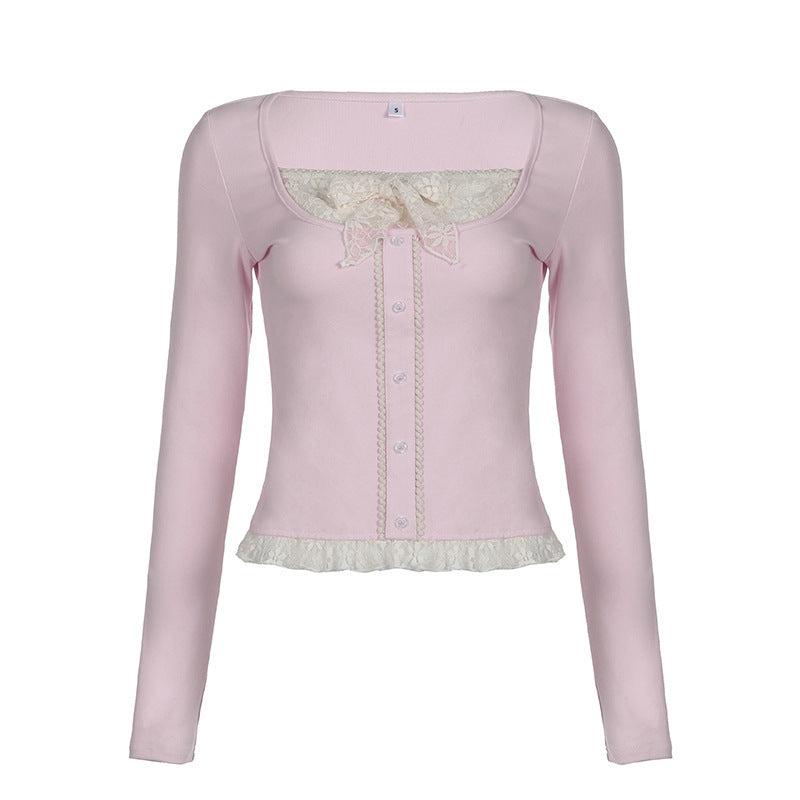 Girl's Lace Stitching Contrast Color Knitted Long-sleeved Top T-shirt free delivery