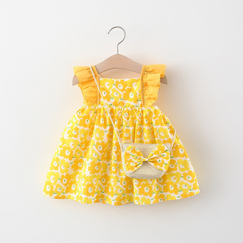 Baby Girl Flounced Sleeve Dress Free Bamboo Basket Satchel free delivery