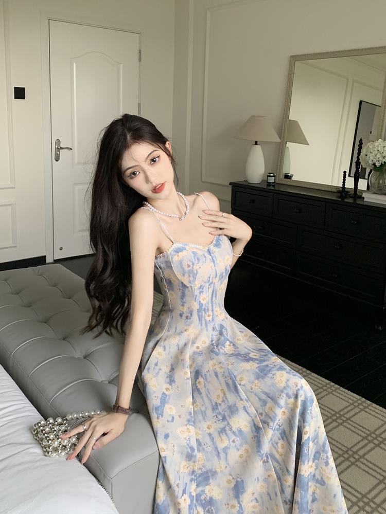Blue Floral Halter Skirt Dress Two-piece Set free delivery