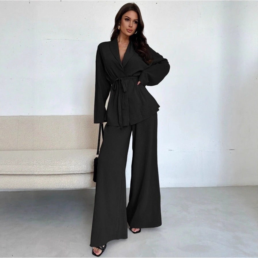 A V-neck Women's Temperament Long Sleeve Elegant Wide-leg Pants Suit free delivery