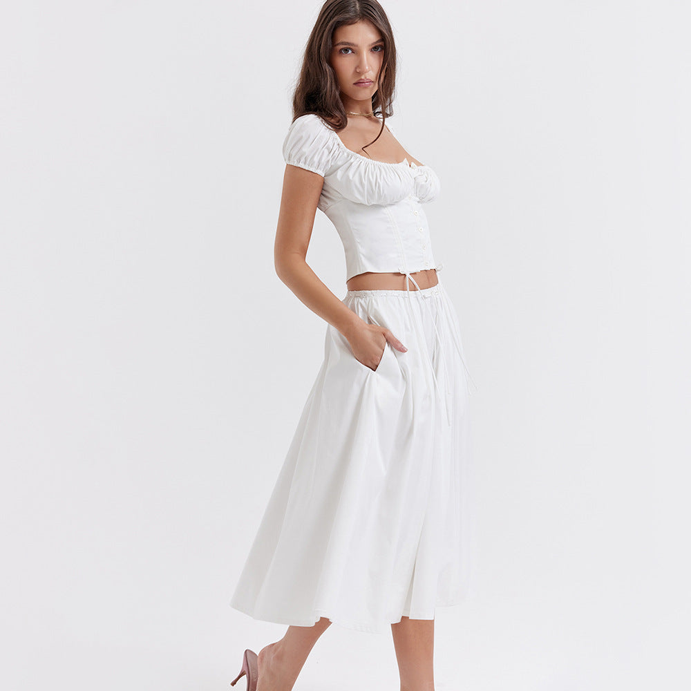 A Square Collar Puff Sleeve Short Midriff-baring Top Skirt Suit free delivery