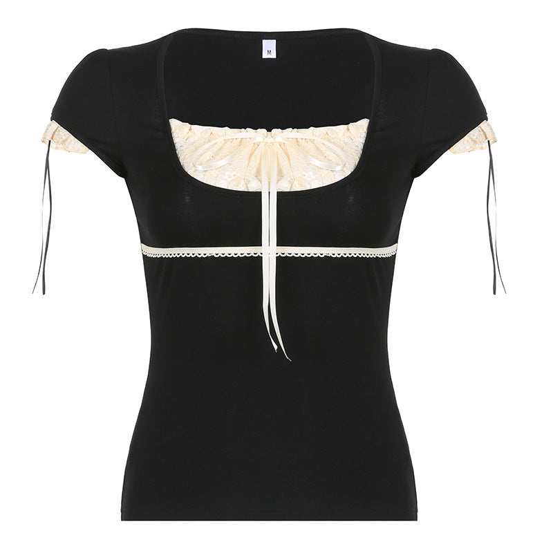 Lace Stitching Bow Square Collar High Waist Short Sleeve T-shirt Top free delivery