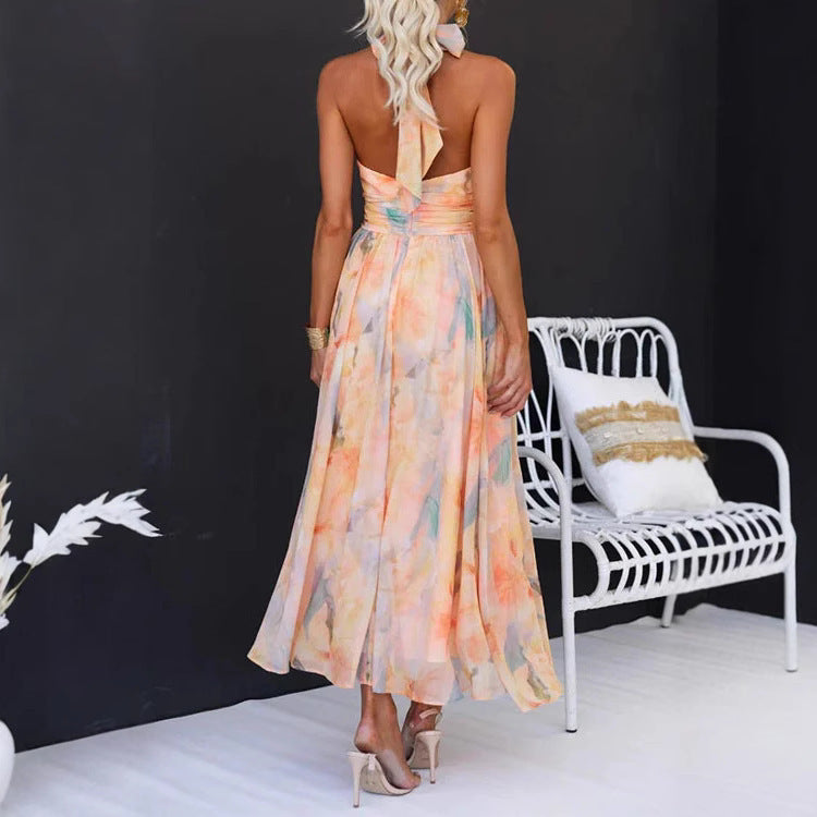 A Women's Clothing Vacation Style Sleeveless Printed Backless Dress free delivery
