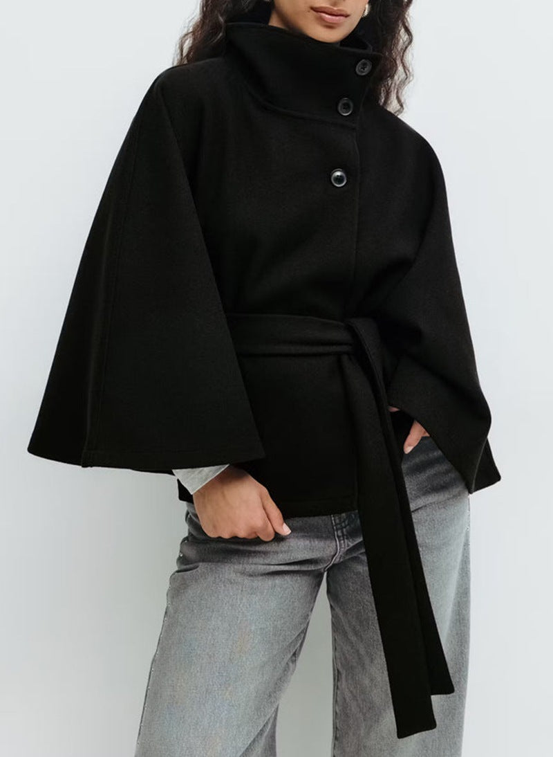 A Winter High Neck Batwing Sleeve Coat With Belt Fashion Loose Elegant Button Top Trench Coat For Women Clothing free delivery
