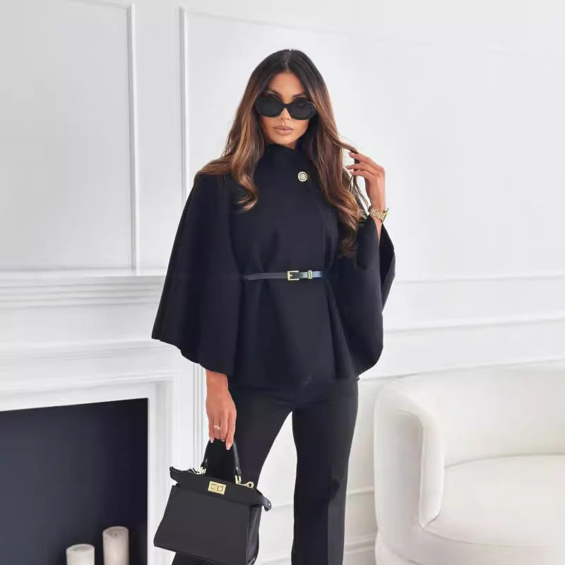 A New Stand Collar Batwing Sleeves Cloak Top With Belt Ins Fashion Temperament Jacket Woolen Sweater Outwear For Women Clothing free delivery