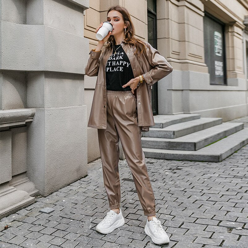 A Two-piece leather jacket and leather pants free delivery