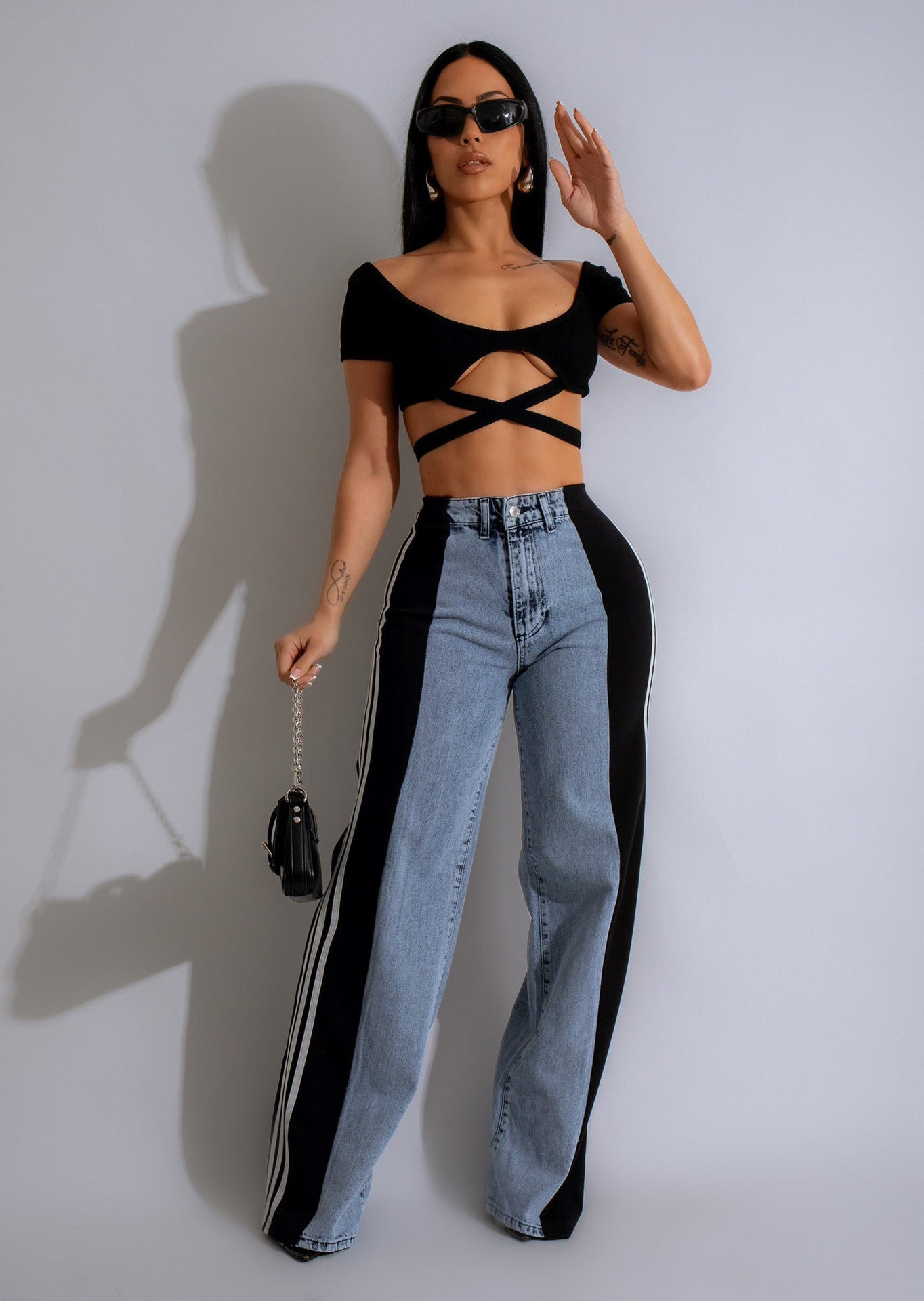 A Wide-leg patchwork denim trousers casual 2024 style free delivery