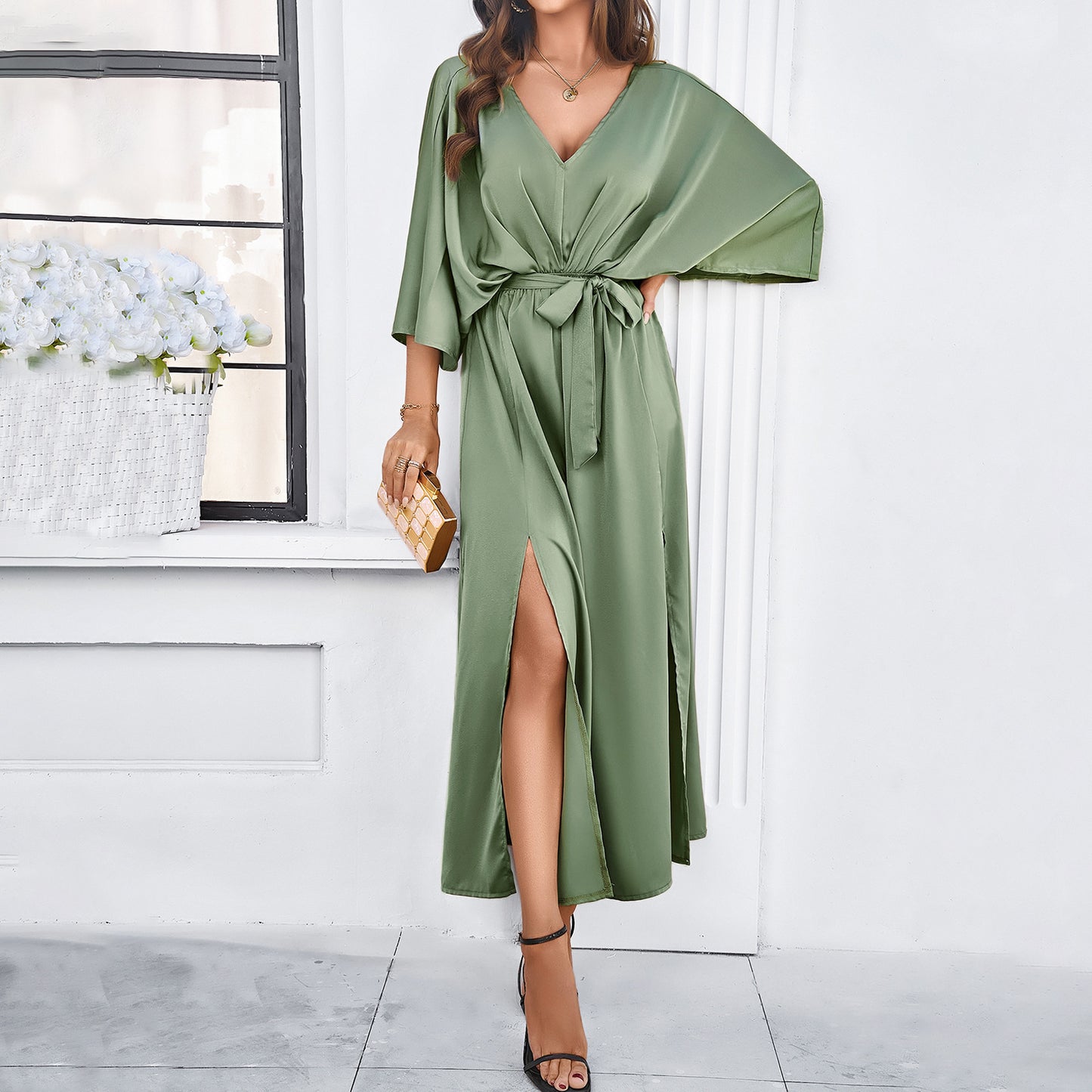 Fashion Bat Sleeve Long-sleeved V-neck Dress With Split Design Temperament Loose High Waist Lace-up Long Dresses Women Clothing free delivery