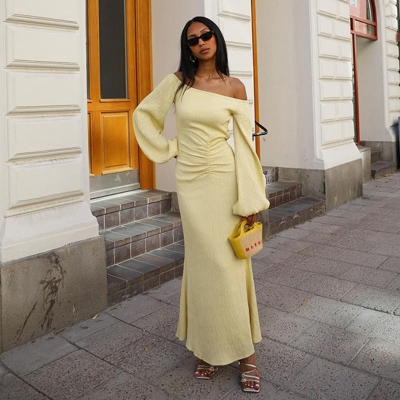 Off-shoulder Waist Pleated Puff Sleeve Dress free delivery