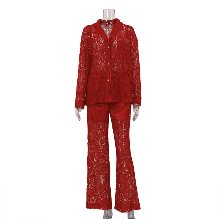 A Lace See-through Sexy Fashion Lapel Shirt Pants Suit free delivery