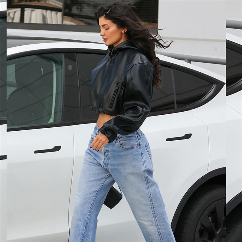 A Kylie Jenner New Women's Clothing Fashion Long Sleeve Zipper Slim Fit Hooded Faux Leather Coat For Women free delivery