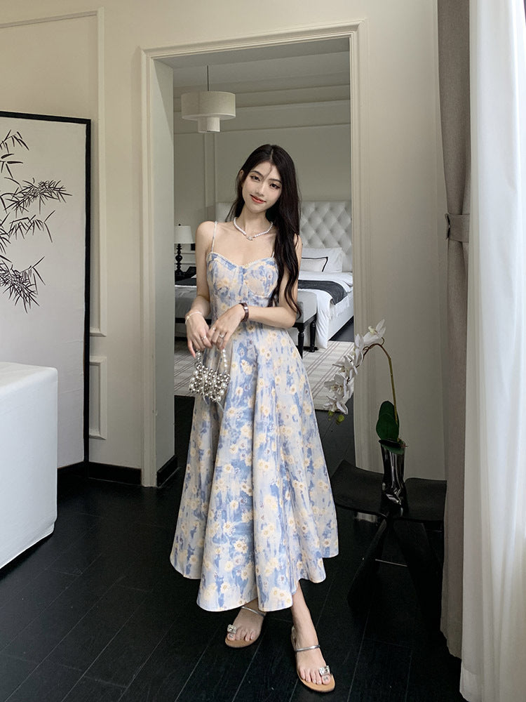 Blue Floral Halter Skirt Dress Two-piece Set free delivery