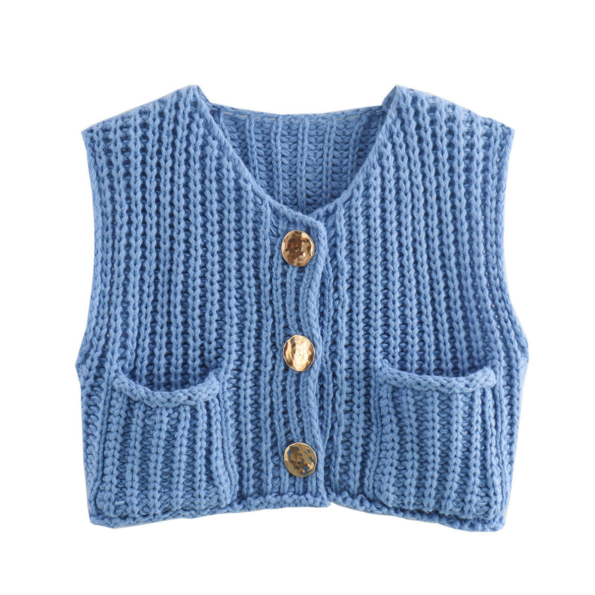 A Women's Pocket Sleeveless Short Knitted Cardigan Vest Shirt free delivery