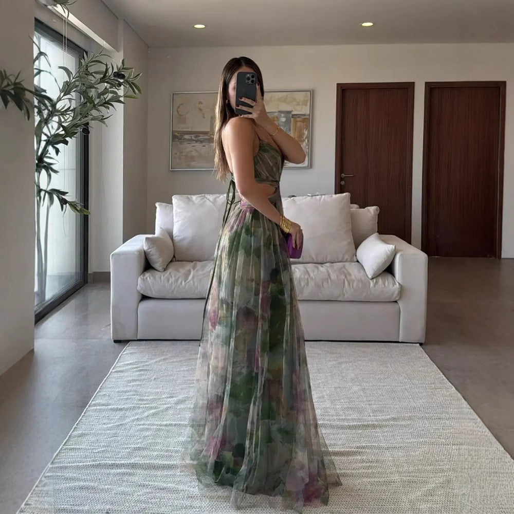 A Mesh Printing Slip Dress Holiday Leisure Party free delivery