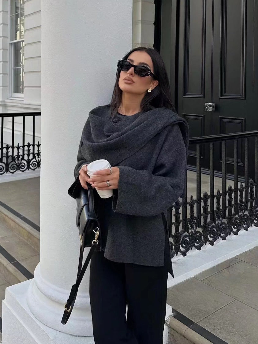 A Solid Knitted Cardigan With Asymmetrical Scarf Design Fashion Short Coat Women Overcoat Jacket Winter free delivery