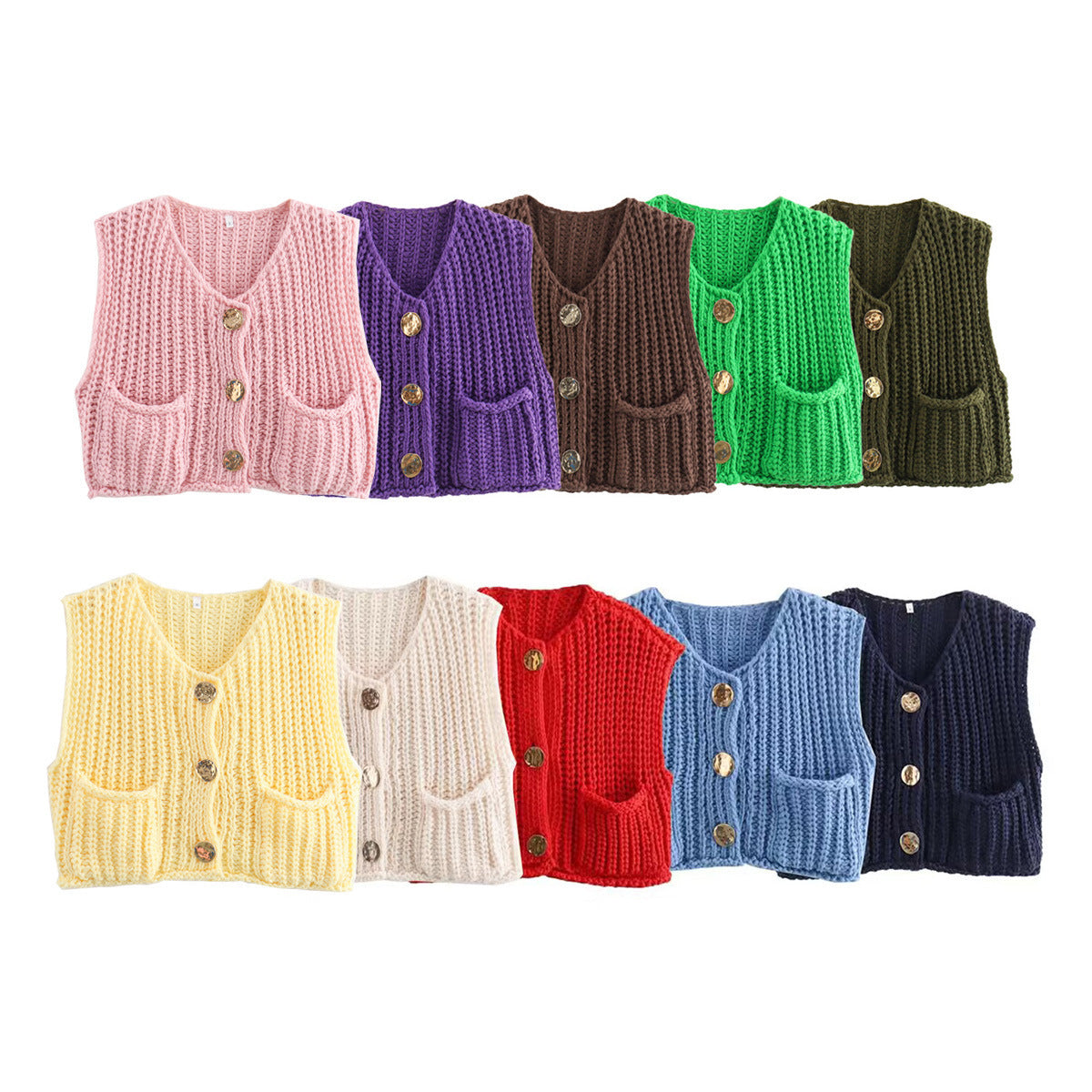 A Women's Pocket Sleeveless Short Knitted Cardigan Vest Shirt free delivery