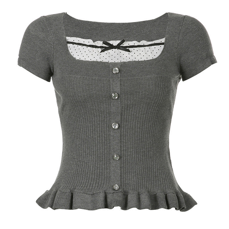 Lace Stitching Bow Square Collar High Waist Short Sleeve T-shirt Top free delivery