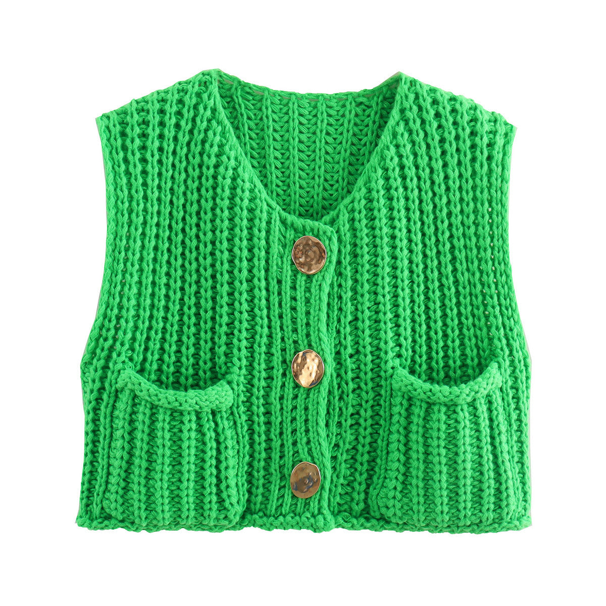 A Women's Pocket Sleeveless Short Knitted Cardigan Vest Shirt free delivery