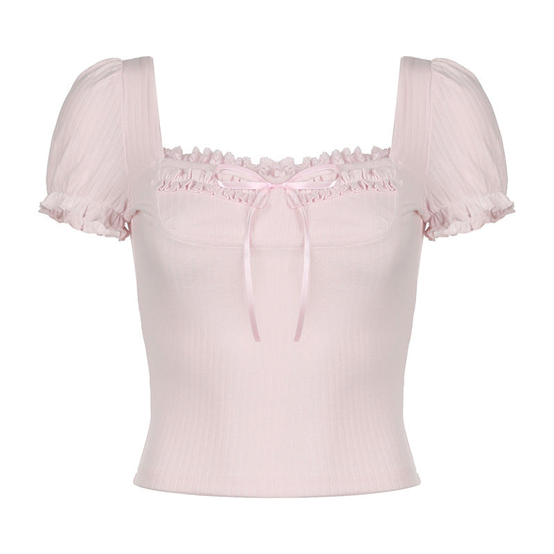 A Women's Fashionable Pleated Lace Stitching Puff Short Sleeve T-shirt free delivery
