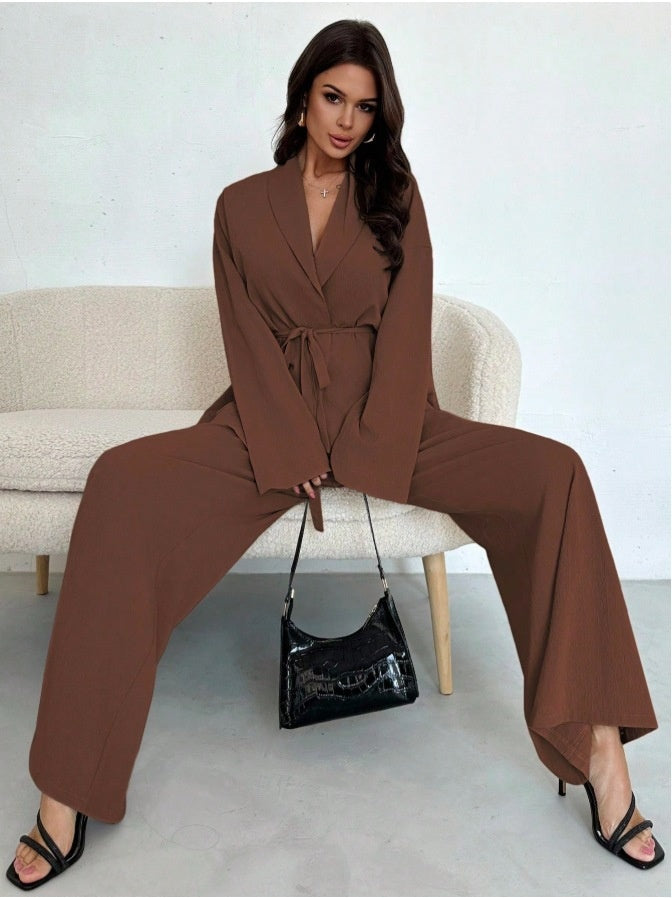 A V-neck Women's Temperament Long Sleeve Elegant Wide-leg Pants Suit free delivery