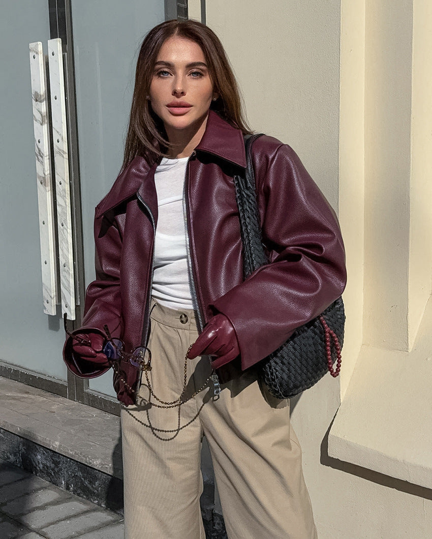 A Retro Biker's Style Wine Red European And American Handsome Matte Leather Jacket Coat free delivery