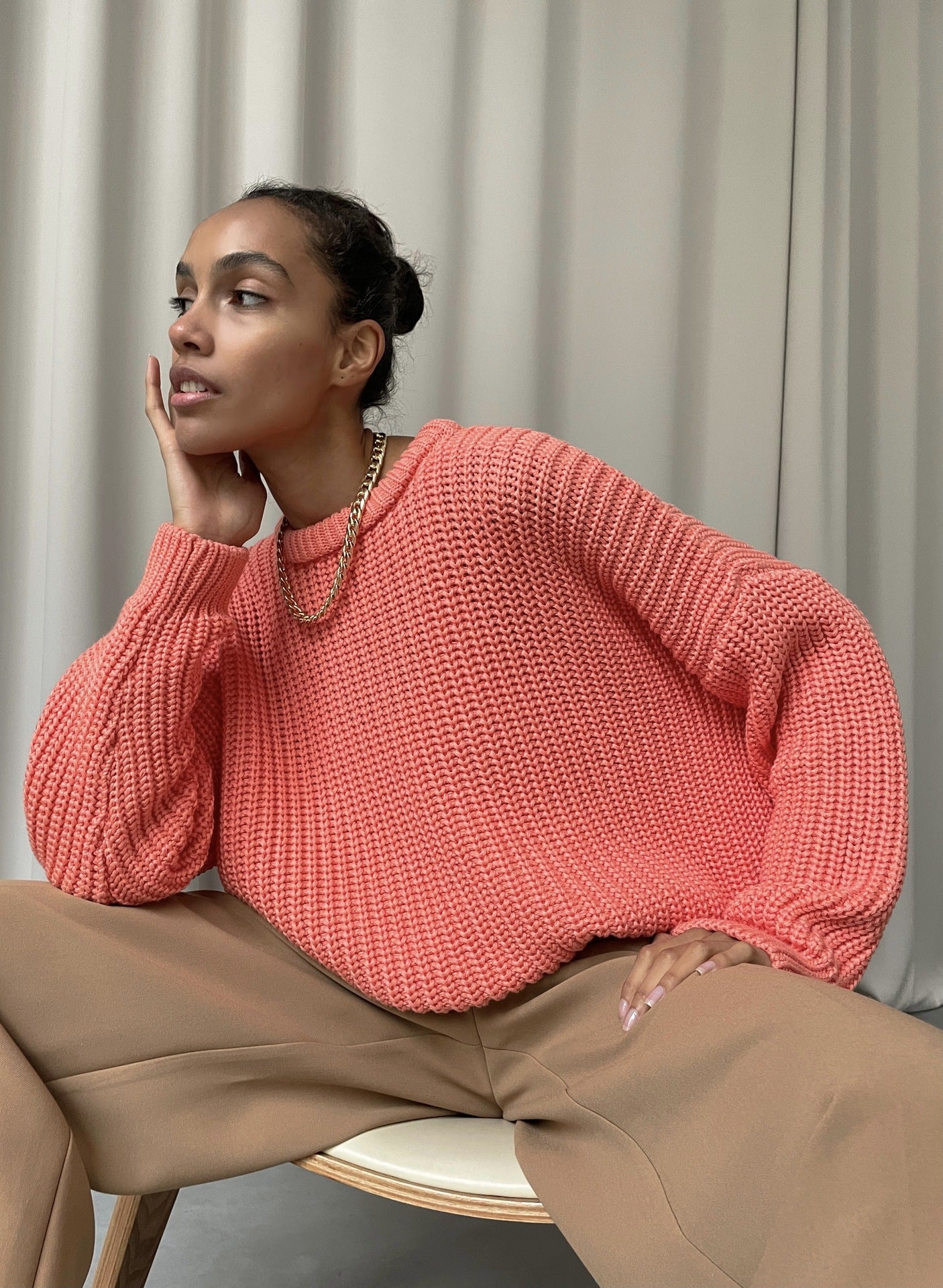 A Sweater Round Neck Loose Solid Color Sweater free delivery
