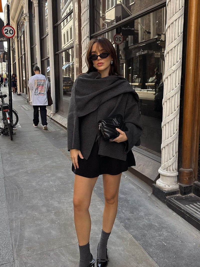 A Solid Knitted Cardigan With Asymmetrical Scarf Design Fashion Short Coat Women Overcoat Jacket Winter free delivery