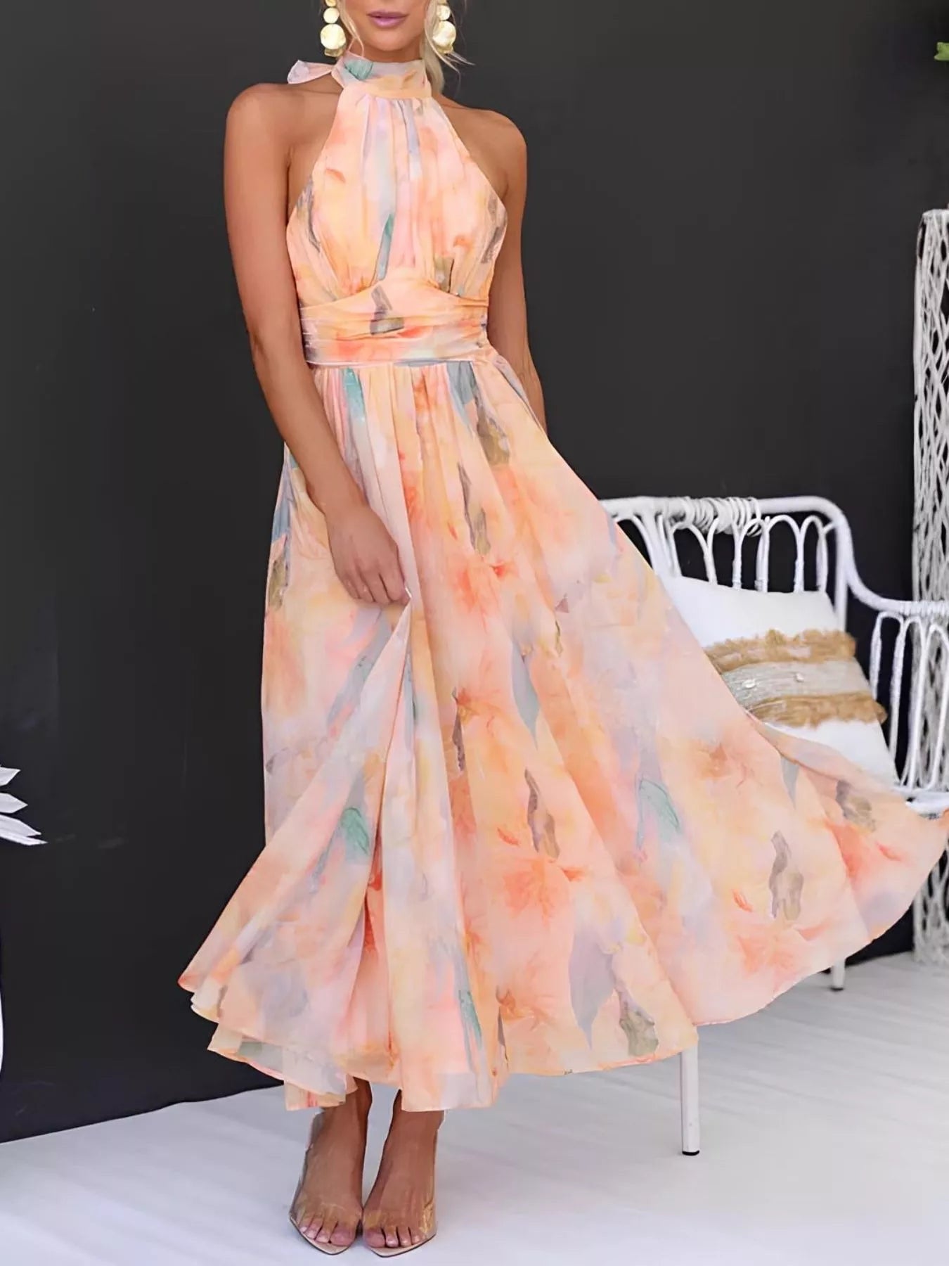 A Women's Clothing Vacation Style Sleeveless Printed Backless Dress free delivery
