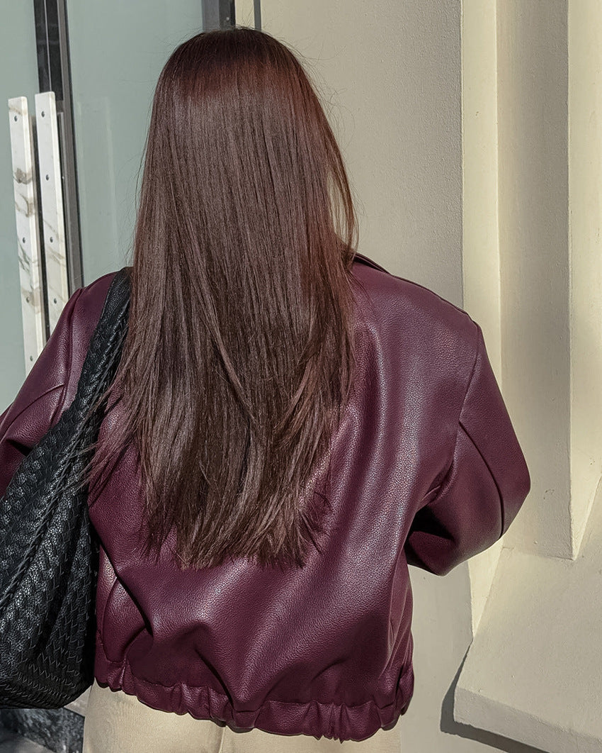 A Retro Biker's Style Wine Red European And American Handsome Matte Leather Jacket Coat free delivery