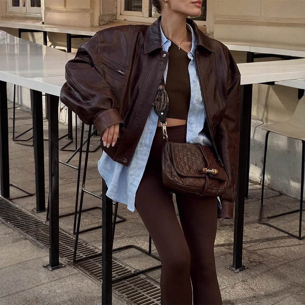 A Retro Harajuku Style Simple Lapel Long Sleeve Short Leather Jacket free delivery