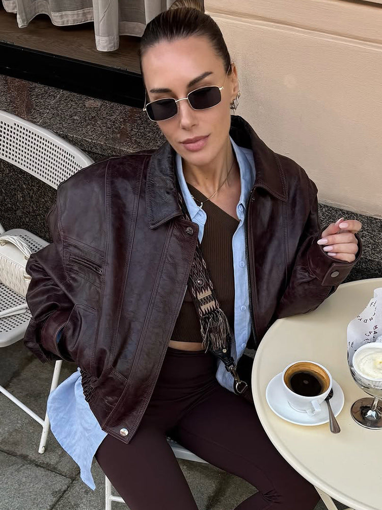 A Retro Harajuku Style Simple Lapel Long Sleeve Short Leather Jacket free delivery
