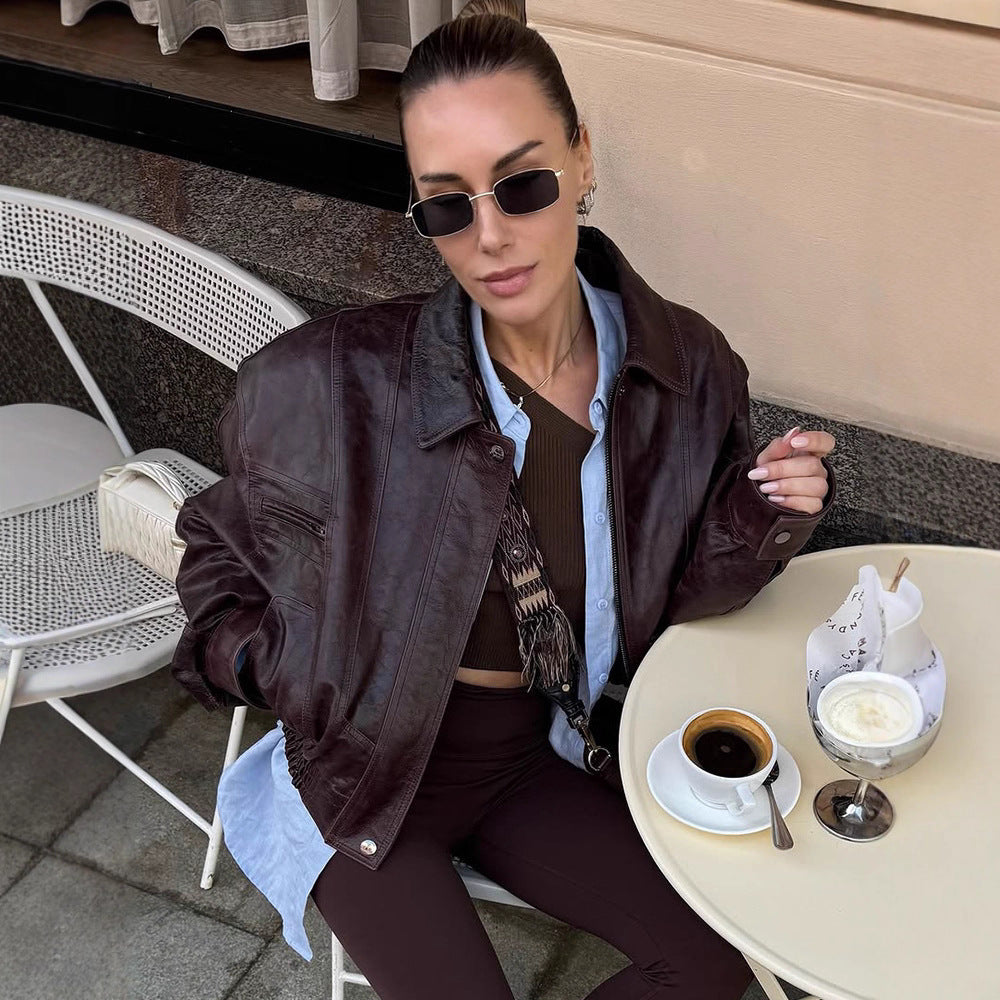 A Retro Harajuku Style Simple Lapel Long Sleeve Short Leather Jacket free delivery