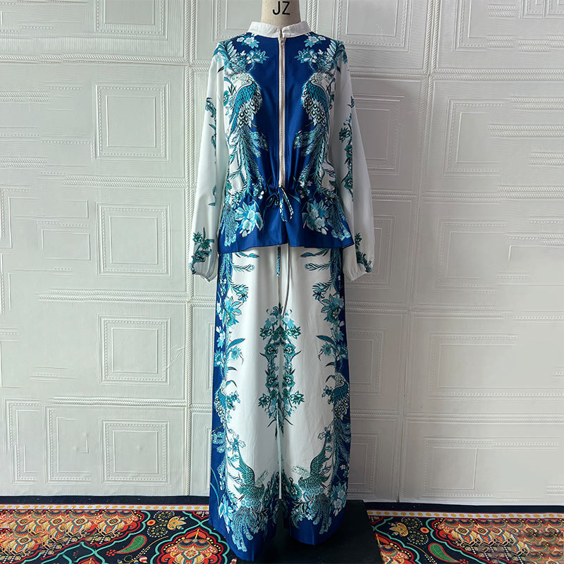 A Three-dimensional Printed Flowers Baseball Uniform Drawstring Trousers Two-piece Set