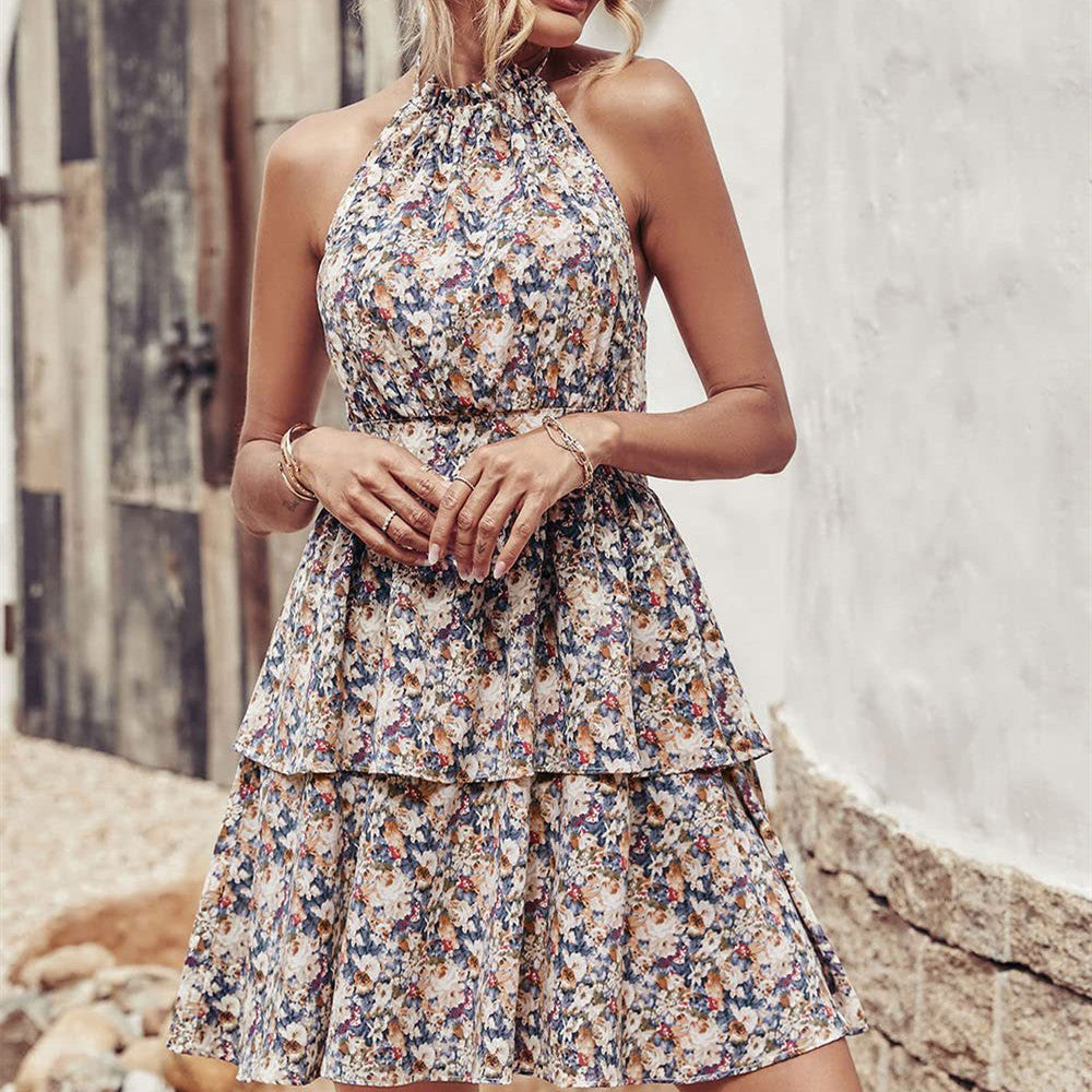 A Women's Fashion Halter Printed Sleeveless Dress free delivery