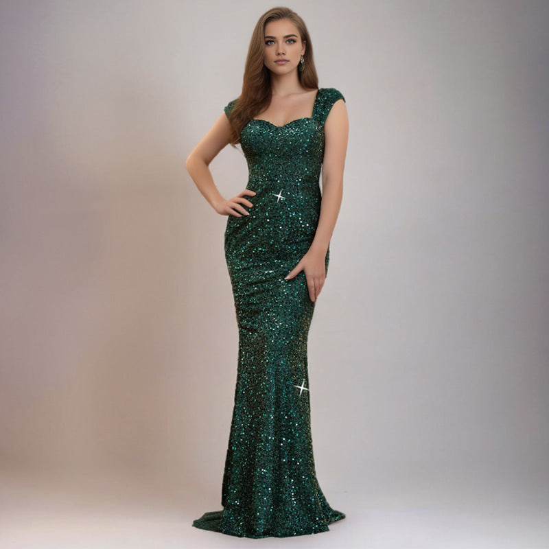 Solid Color And V-neck Sequin Sling High Waist Evening Dress free delivery