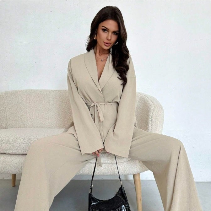 A V-neck Women's Temperament Long Sleeve Elegant Wide-leg Pants Suit free delivery