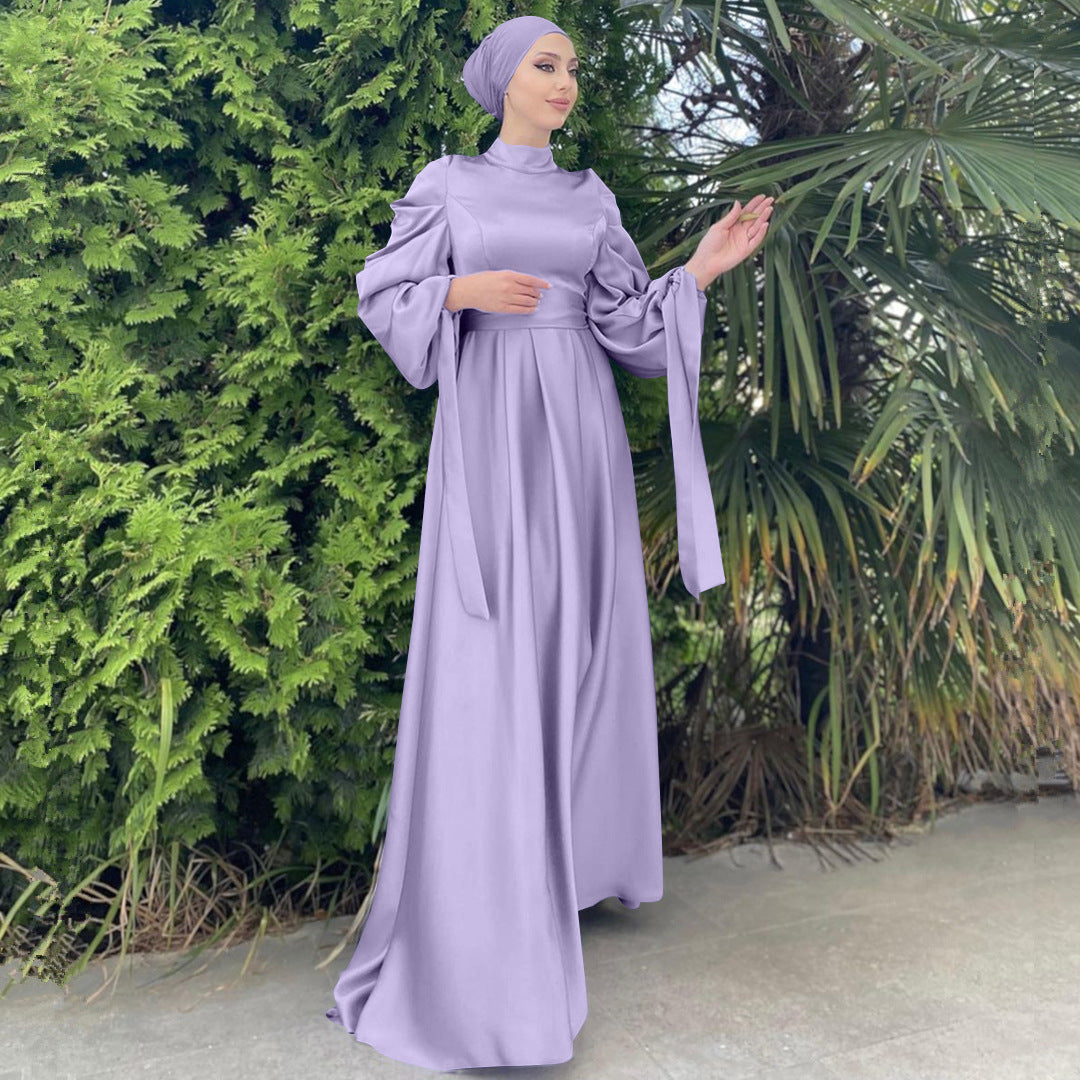 A Women's New Stand Collar Satin Dress Tunic With Puff Sleeves free delivery