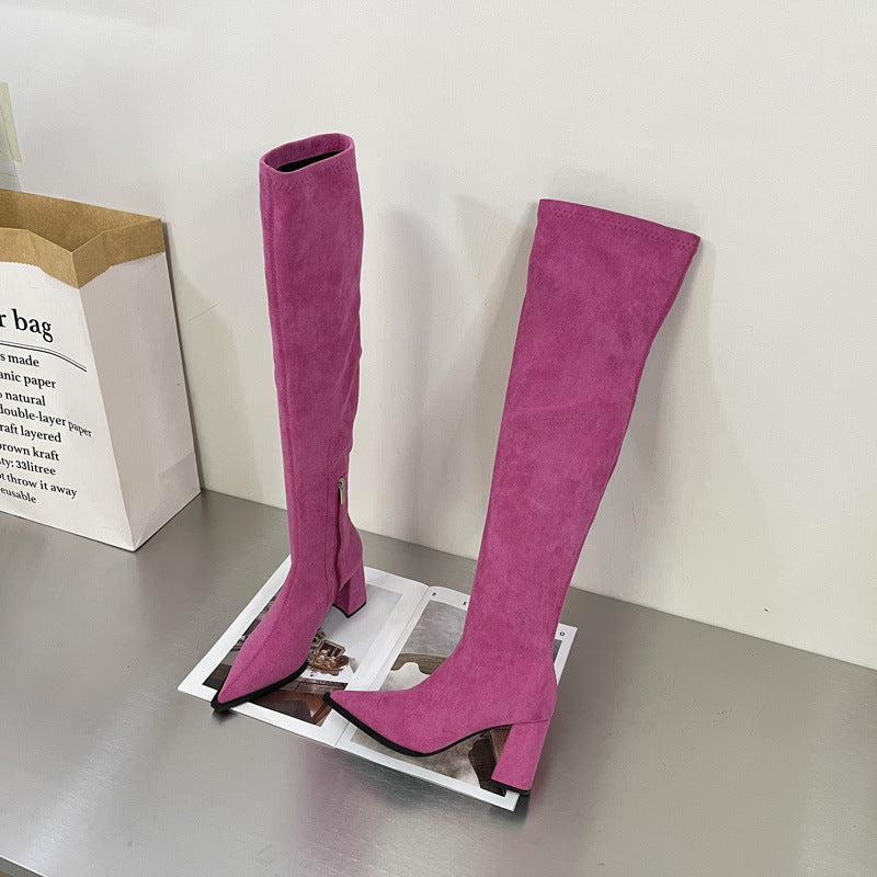 A Chunky Heel High Heel Long Suede Zipper Stretch Thin Boots free delivery