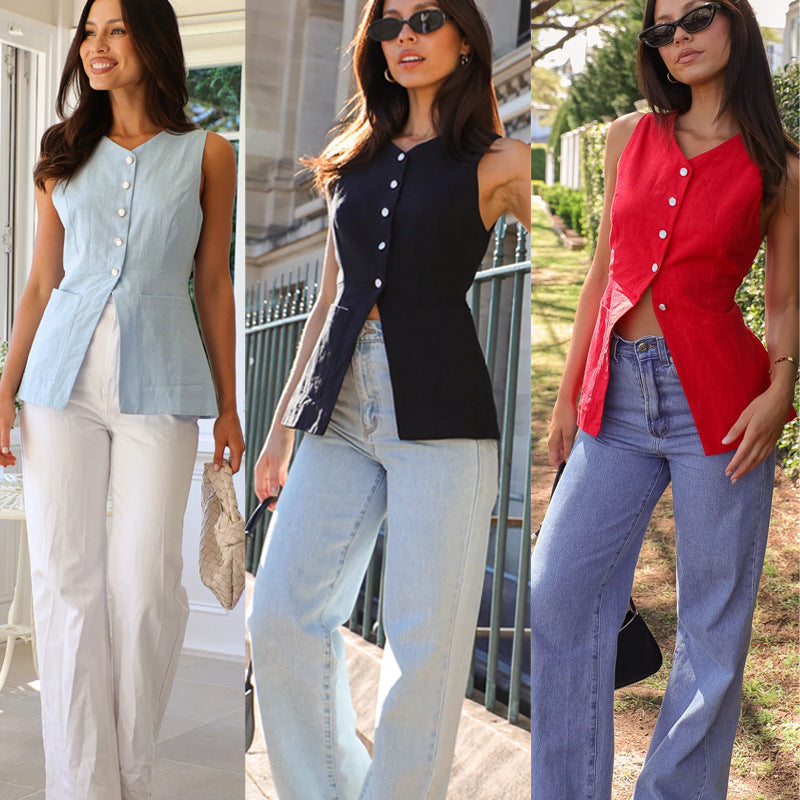 A Solid Color And V-neck Sleeveless Vest Design Vest free delivery