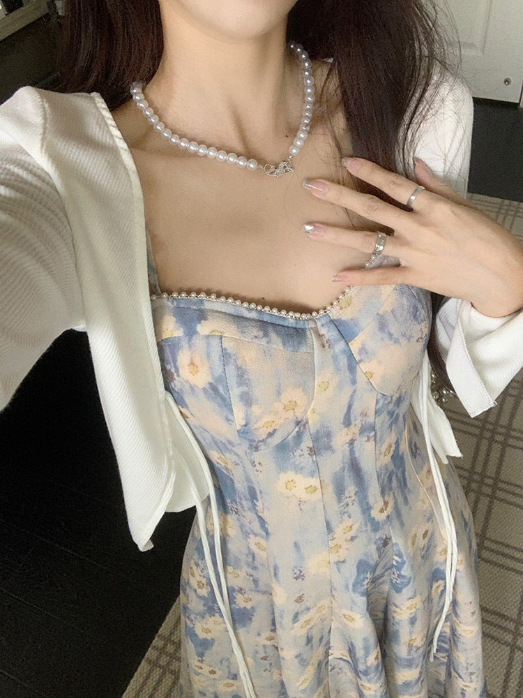 Blue Floral Halter Skirt Dress Two-piece Set free delivery
