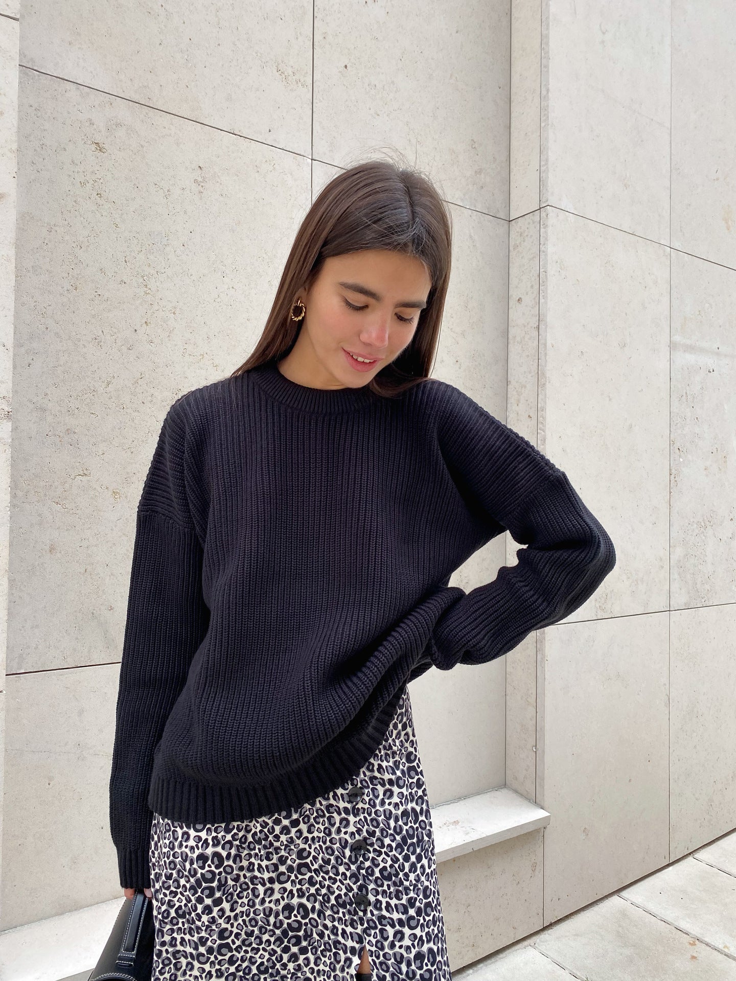 A Sweater Round Neck Loose Solid Color Sweater free delivery