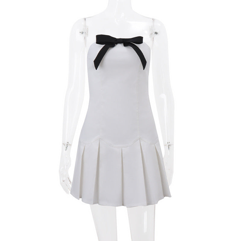 Bow Pleated Slim Tube Top Dress