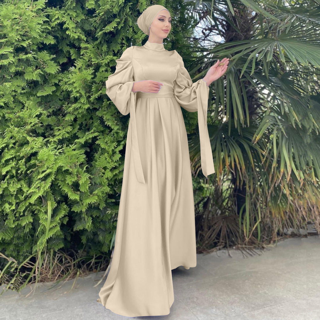 A Women's New Stand Collar Satin Dress Tunic With Puff Sleeves free delivery