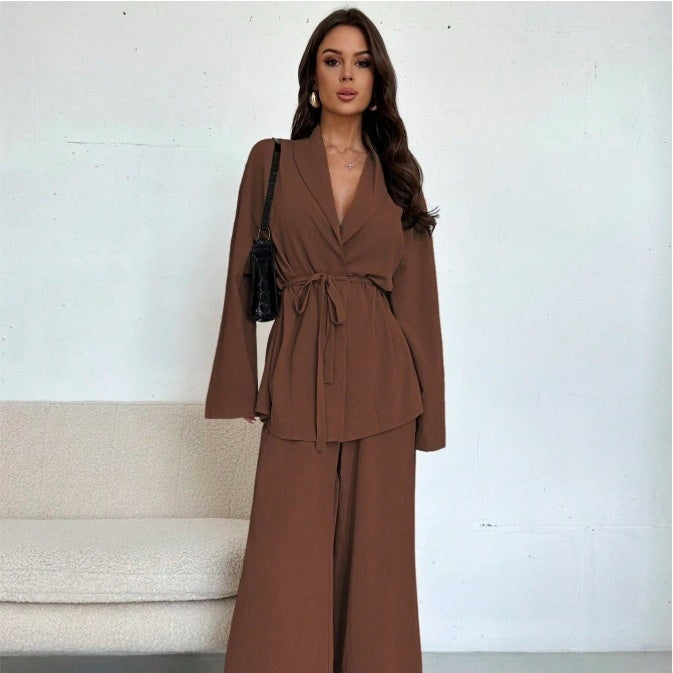 A V-neck Women's Temperament Long Sleeve Elegant Wide-leg Pants Suit free delivery